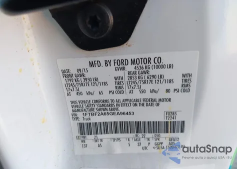 2016 Ford F250 Super Duty z USA, uszkodzony, nr VIN 1FTBF2A65GEA96453